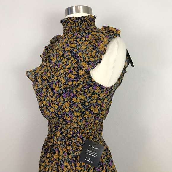 Lulus XS Evalina Midi Dress High Neck Floral Yellow Purple - Picture 14 of 16